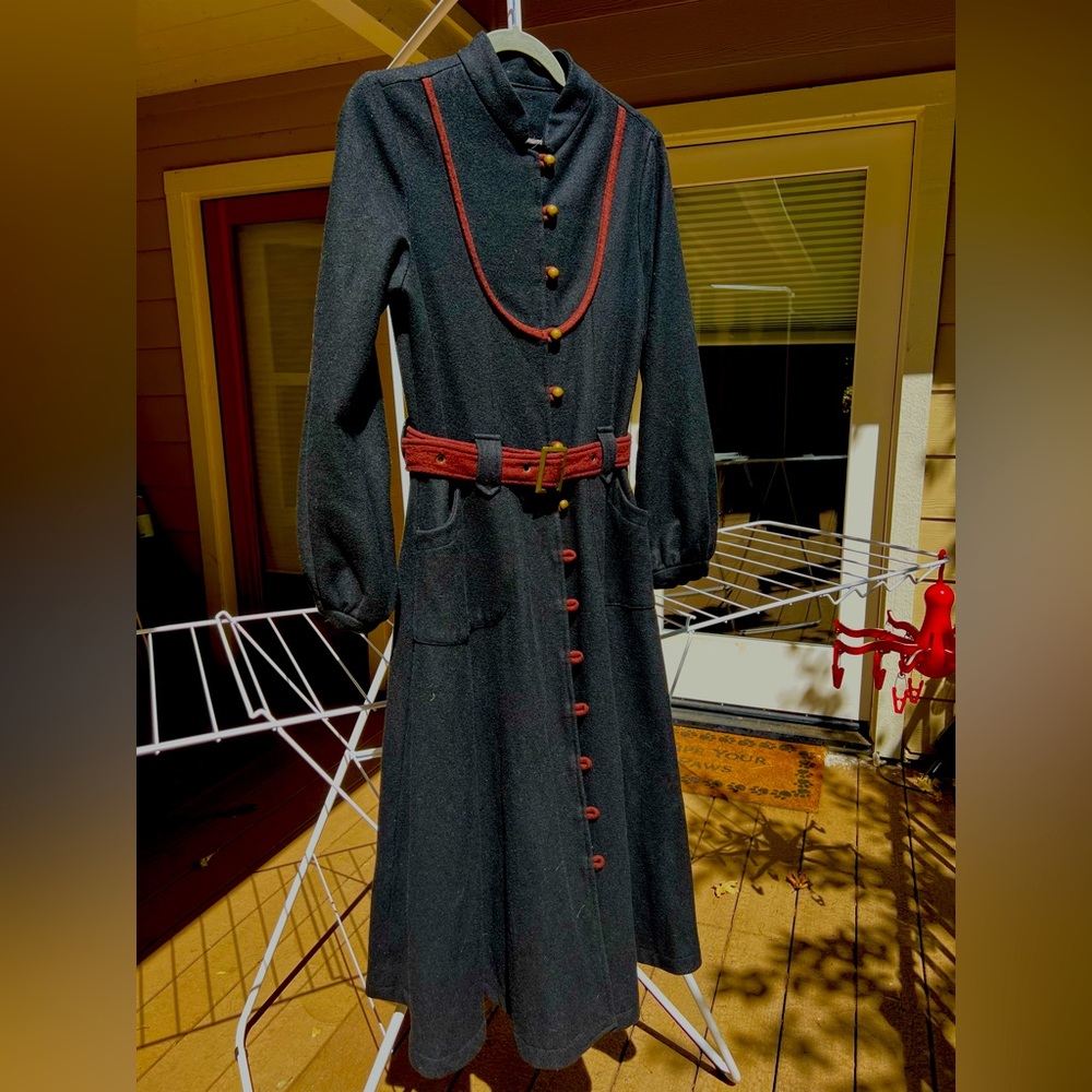Vintage wool full-length belted coat with military detailing, puff sleeves